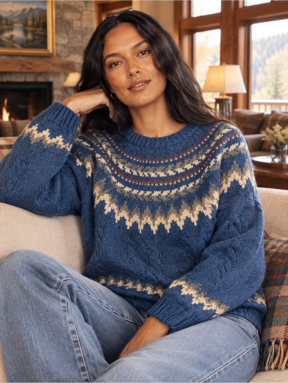Women's Blue Fair Isle Cable Knit Crewneck Sweater with Cream Accents